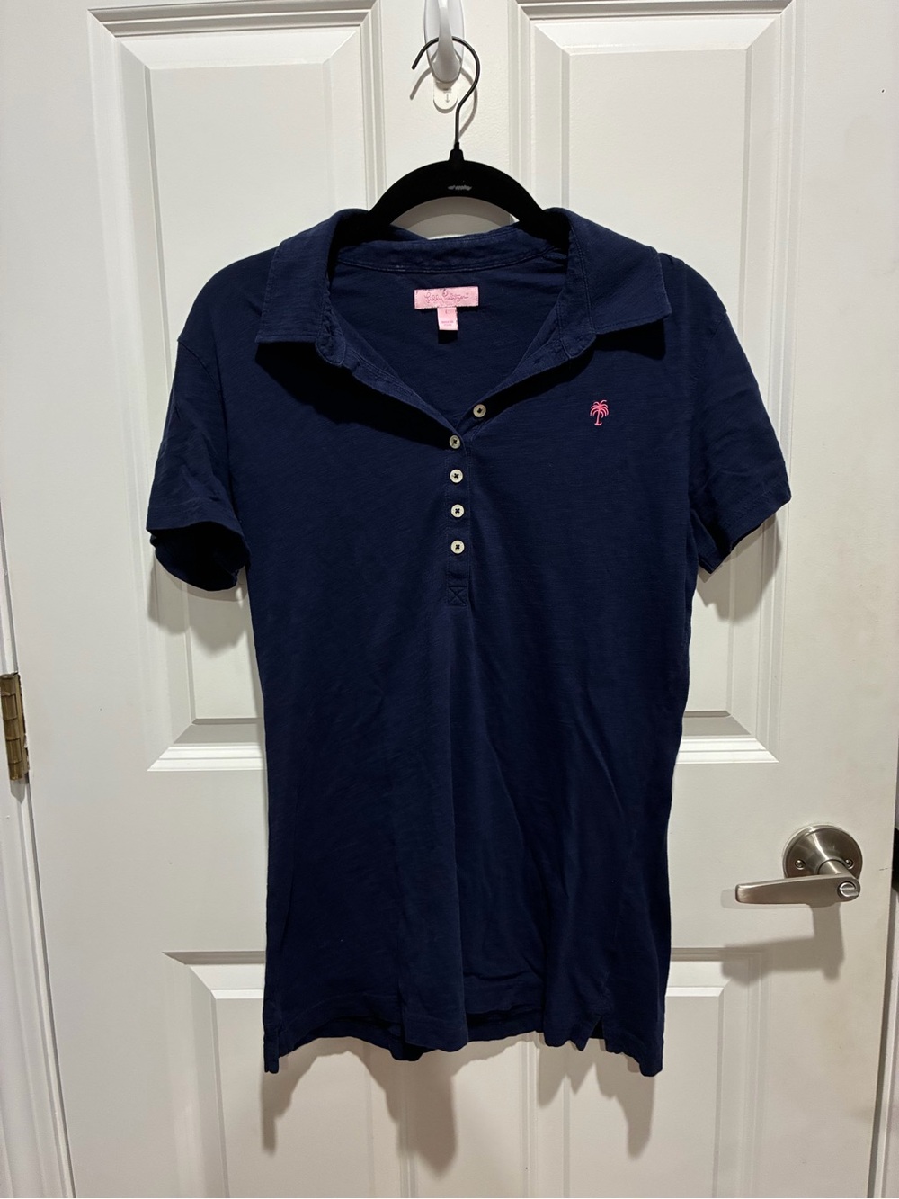 Lilly Pulitzer Navy Polo with Pink Palm Logo